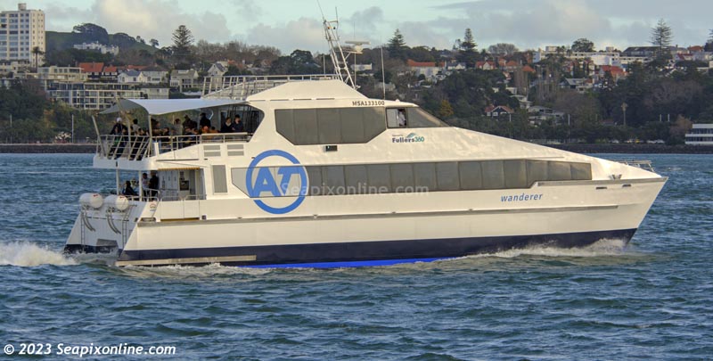 WANDERER (ex-WANDERER II) - acquired by Fullers Ferries of Auckland from World Heritage Cruises of Tasmania, operates around the waters of Auckland's Waitemata Harbour and the islands of the Hauraki Gulf. She is seen here carrying the new livery of AT (Auckland Transport). 23 July 2023 . Photo by Â© 2023 SeapixOnline.com